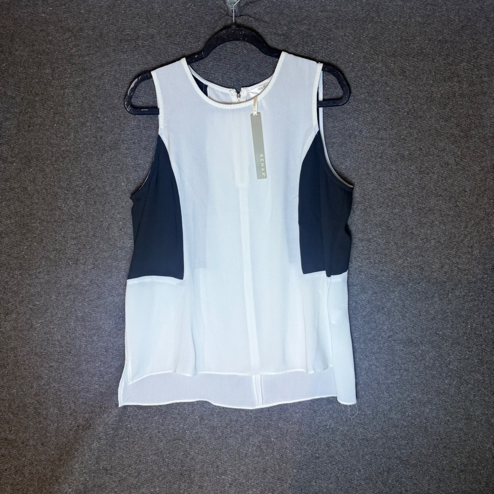 Womens Large Colorblock Sleeveless Blouse Preppy Old Money White Black‎ NWT